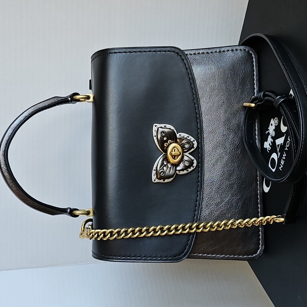 Coach Parker Butterfly Turn Lock Black and Gray Bag With Snakeskin Detail